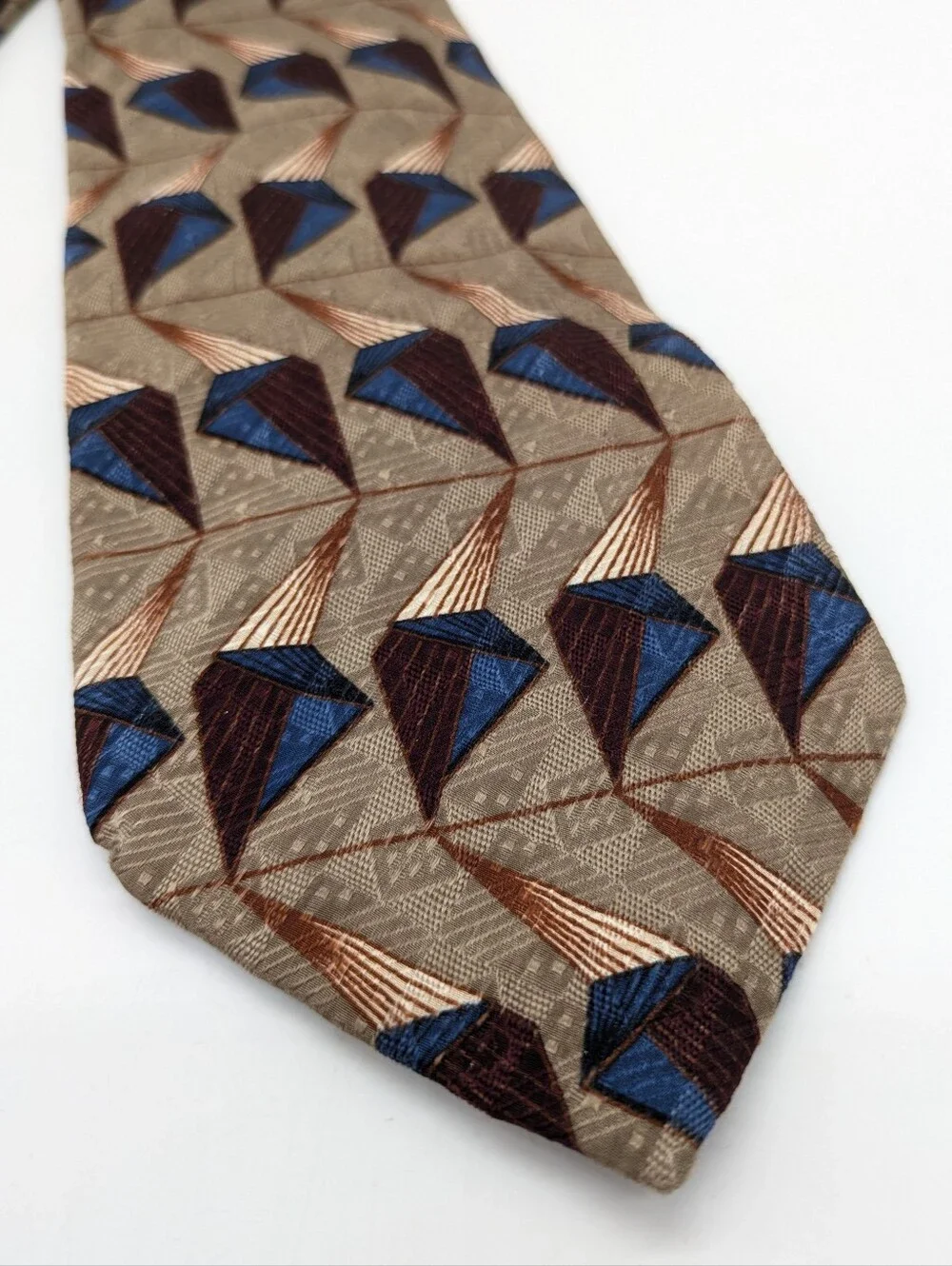 Vintage JZ Richards Nordstrom Brown Blue Maroon Geometric Prism Silk Tie